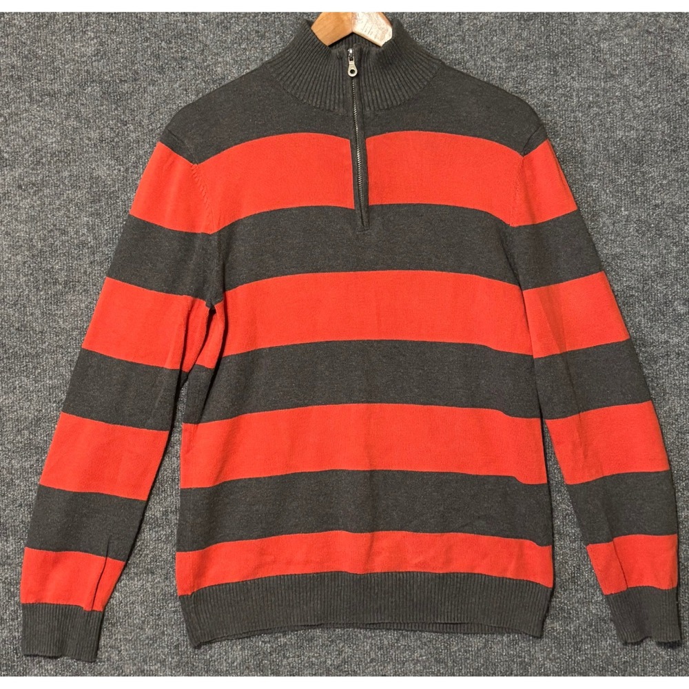 Old Navy Quarter Zip Sweater Mens Small‎ Gray Red & Gray Striped Pullover